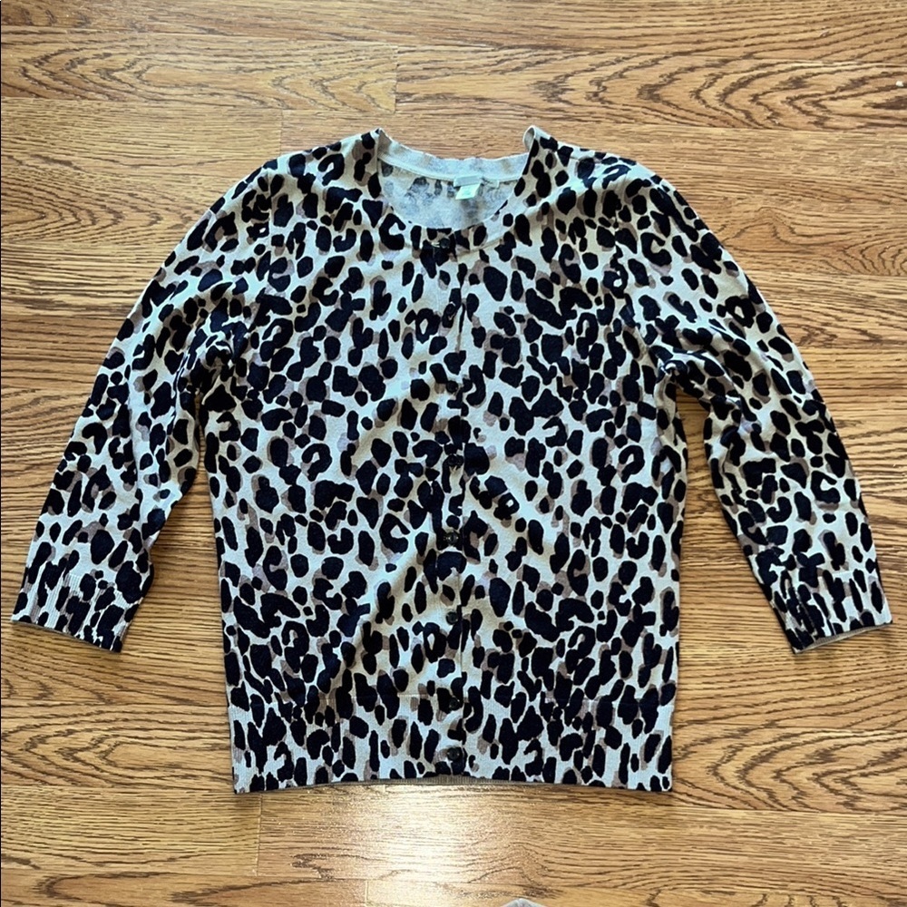Halogen Leopard Print Button Front 3/4 Length Sleeve Cardigan Sweater Size Small